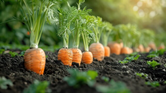 fresh carrots growing in a field, verdant green foliage surrounding the carrots