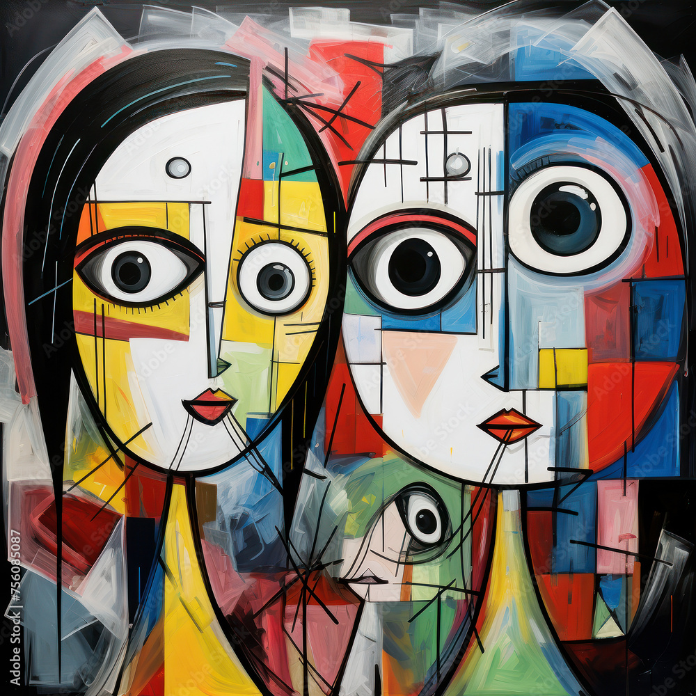 Poster artistic rendering of abstract faces with compelling gazes and colorful geometry