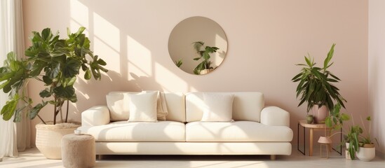 Light living room with cozy sofa, indoor plants and mirror on a bright wall