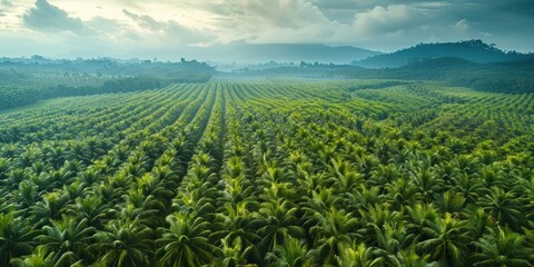 Expansive palm oil plantation, aerial view, vast monoculture, unexpected beauty, symmetrical patterns, vibrant greens