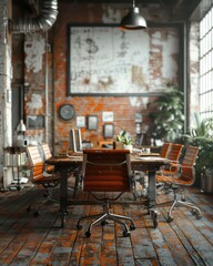 interior design, meeting room industrial design, wooden floor, grey 