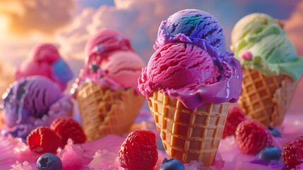 Various frozen desserts like gelato and soy ice cream cones topped with berries