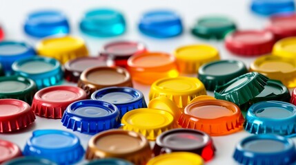 Pile of colorful bottle caps isolated on white background