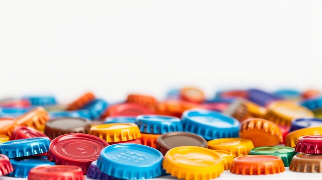 Pile of colorful bottle caps isolated on white background
