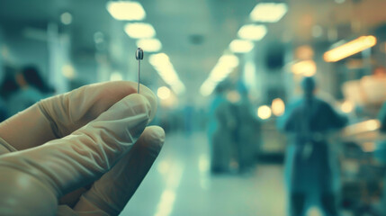 In a crowded hospital a doctor holds a small metal pin in hand. tiny piece of metal made from a shape memory alloy has the ability to expand and contract helping