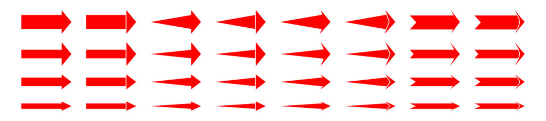 arrows red icon set isolated on white background. flat stright with some pointers end. consist of 32 arrow sign with right, rightward, or forward style - obrazy, fototapety, plakaty