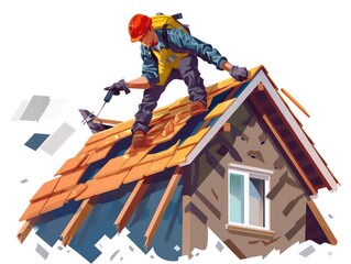 roofer repairing a damaged homes with white background