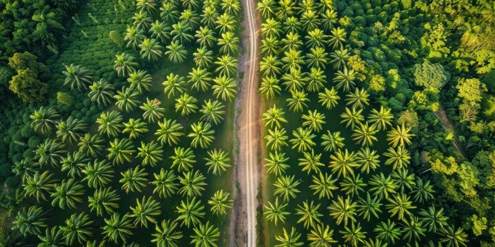 Expansive palm oil plantation, aerial view, vast monoculture, unexpected beauty, symmetrical patterns, vibrant greens