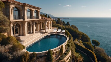 Obraz premium Exquisite mansion perched on the serene shores of the French Riviera, offering sweeping views of the azure Mediterranean and private terraces overlooking the coastal beauty