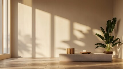 living room, realistic interior minimalist, direct day light from window - obrazy, fototapety, plakaty