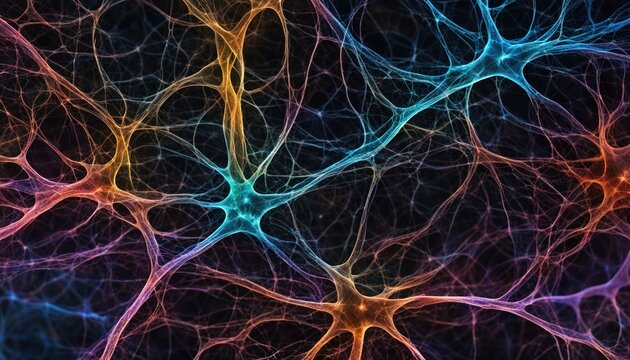 Abstract Neurons and Microglia. Microglial cells are the most prominent immune cells of the central nervous system (CNS). Glowing synapse. Wallpaper render style.