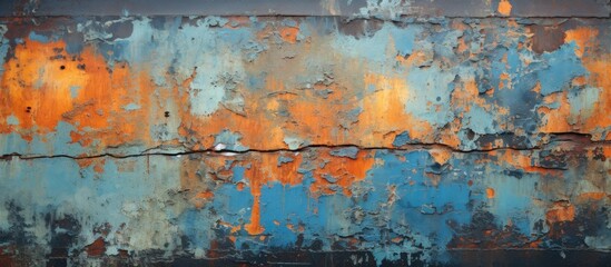 A closeup photo capturing a rusted metal wall with a mix of orange and electric blue paint. The rust creates a unique texture against the painted rectangle shapes