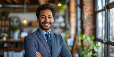 Obraz premium Happy smiling Indian businessman leader, looking confident standing in office