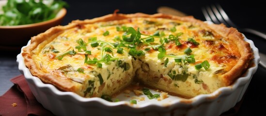 A quiche with a missing slice is displayed in a baking pan. This savory dish features ingredients like fines herbes, pizza cheese, and baked goods, making it a delicious option for any cuisine