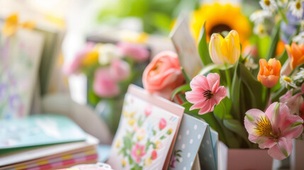A table filled with various types of greeting cards from funny to sentimental showcasing the popularity of sending cards on Mothers Day. - obrazy, fototapety, plakaty