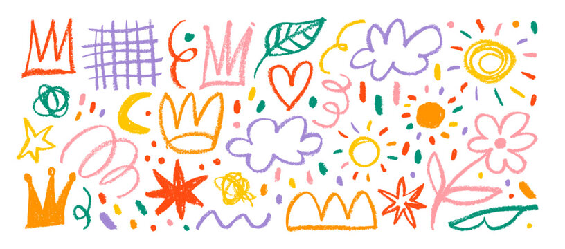Collection of hand drawn colorful charcoal doodle shapes and squiggles in childish girly style.