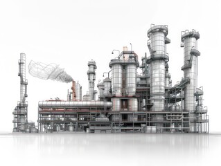 chemical factory illustration, white background, line draft, black stroke
