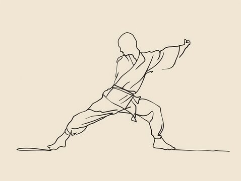 kung fu pose, one line painting, minimalist one line, black outlines, clean background