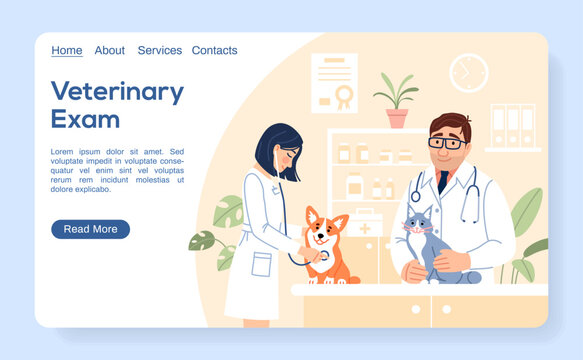 Veterinary exam landing page. Two young veterinarians with dog and cat examining cute animals on pet hospital background. Flat line website template. Vet clinic internet page vector illustration.