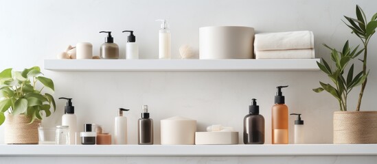 Fototapeta na wymiar Cosmetic products displayed on bathroom shelf. Various skincare items such as cleanser, cream, roller, gua sha, and tonic. Beauty product arrangement in bathroom setting.