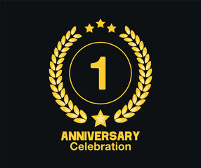 Naklejka premium 1 Years anniversary celebration. Vector luxury celebration with hoop, laurel and golden stars