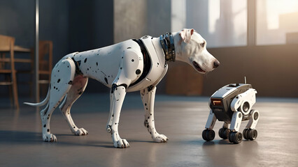 A white Great Dane is happily meeting a robot dog. 3D illustration concept of technology replacing dogs .Generative ai
