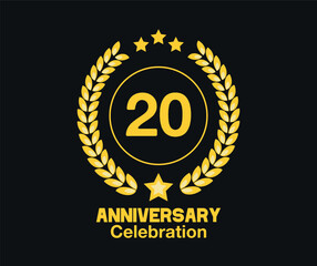 20 Years anniversary celebration. Vector luxury celebration with hoop, laurel and golden stars