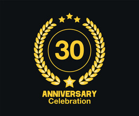 30 Years anniversary celebration. Vector luxury celebration with hoop, laurel and golden stars