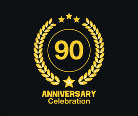 90 Years anniversary celebration. Vector luxury celebration with hoop, laurel and golden stars