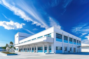 outdoor modern manufacturer factory building, white and blue color, epic sky blue