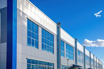Fototapeta na wymiar outdoor modern manufacturer factory building, white and blue color, epic sky blue