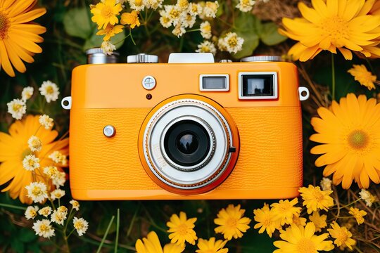 Vintage retro photo camera on beautiful flower field. Camera with spring or summer flowers. Hobby and leisure concept. World photo day. Top view, flat lay  