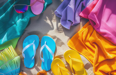 Colourful Beach Towel and Flip Flops - obrazy, fototapety, plakaty
