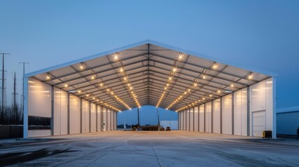 very large white shed with lights - obrazy, fototapety, plakaty