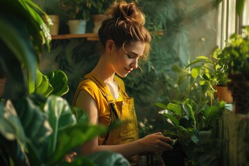 Young smiling woman gardener taking care for plants. Home gardening, love of houseplants. Plants and flowers for sale, online shopping, store - obrazy, fototapety, plakaty