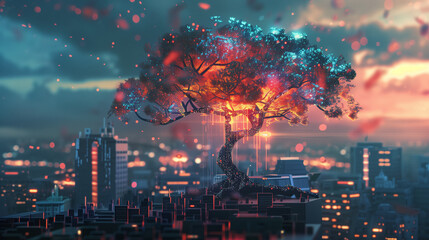 Generative AI illustration of beautiful glowing tree growing on cities representing digital technology in studio. 