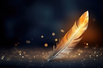 Magic golden feather on dark blue background with copy space. Pen for calligraphy. Writing, writer, literature and poetry concept. International Writers Day
