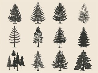 pine tree icons, monochrome black on white