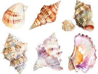 sea shells, watercolors, white background