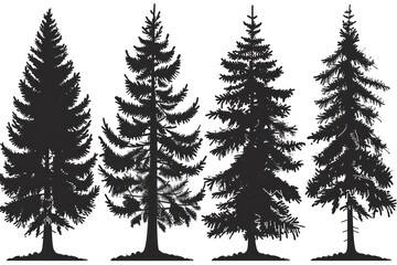 sets of a spruce tree, black and white silhouette - obrazy, fototapety, plakaty