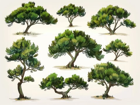 Mediterranean Pine Tree, Character Design, Multiple Poses And Angles, Cartoon,  2D, White Background