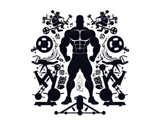 silhouette of a muscular person surrounded with gym equipment, symmetrical, front view