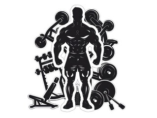 silhouette of a muscular person surrounded with gym equipment, symmetrical, front view