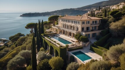 Fototapeta na wymiar Exquisite mansion perched on the serene shores of the French Riviera, offering sweeping views of the azure Mediterranean and private terraces overlooking the coastal beauty