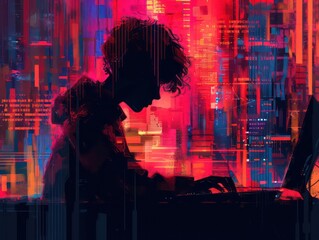 Fototapeta premium silhouette of a Hacker, teenager boy, simple lines, futuristics colors 