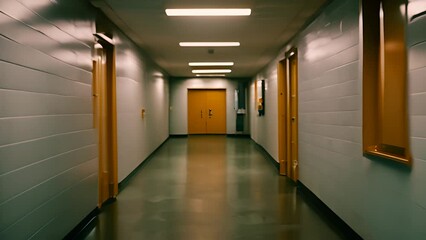 Long Hallway With Yellow Doors Leading to Another Room Generative AI
