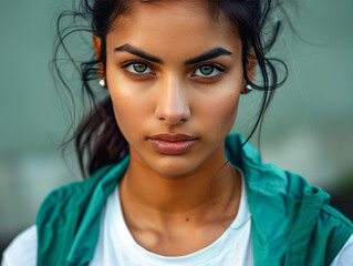A stunning close-up of a confident Indian woman in a white tee and green jacket. Her intense gaze exudes strength and beauty, captivating the viewer.