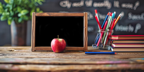 Small teacher blackboard with apple, colored pencils and books on desk