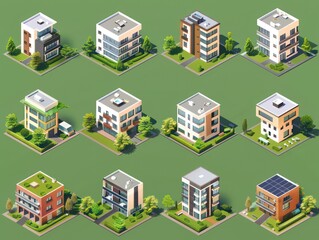 isometric simple architecture models pack isolated on green background