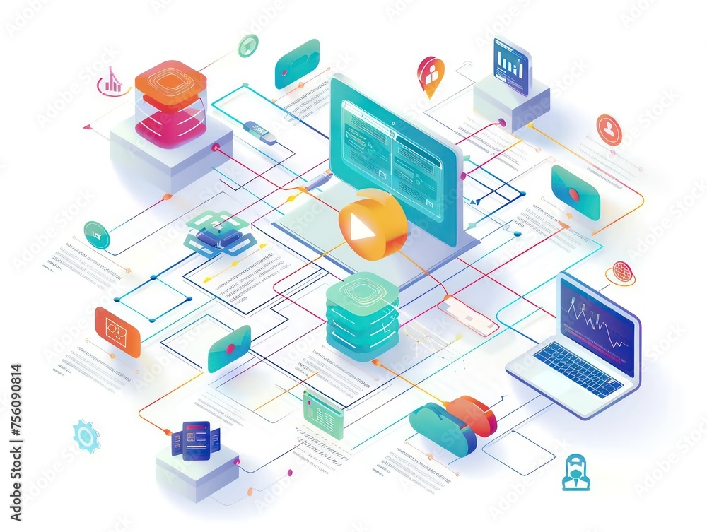 Poster software tool reads data, environment extremely complex and multi-layered it network white backgroun